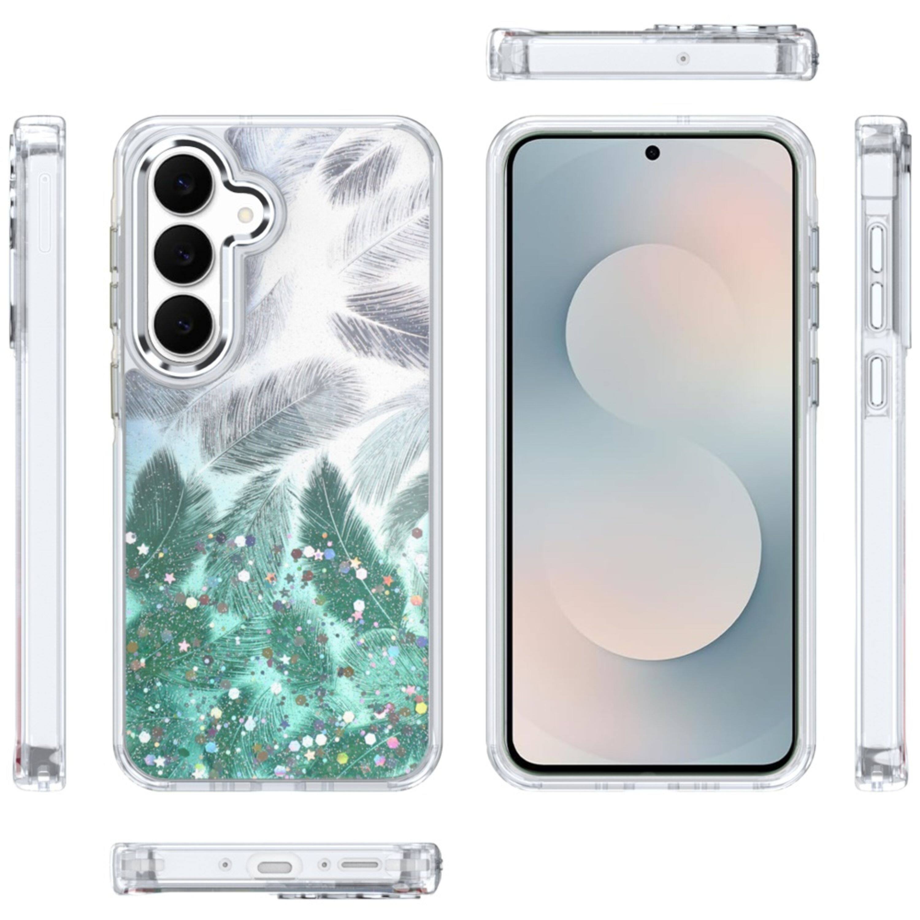 Left. Kitcheniva - Feathers Glitter Epoxy Cute Phone Cover Plus Tempered Glass For Samsung S25 FE Light Green - Light Green.