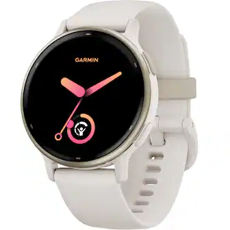 Front. Garmin - vívoactive 5 GPS Smartwatch 42 mm Fiber-reinforced polymer - Gold Aluminum and Ivory.