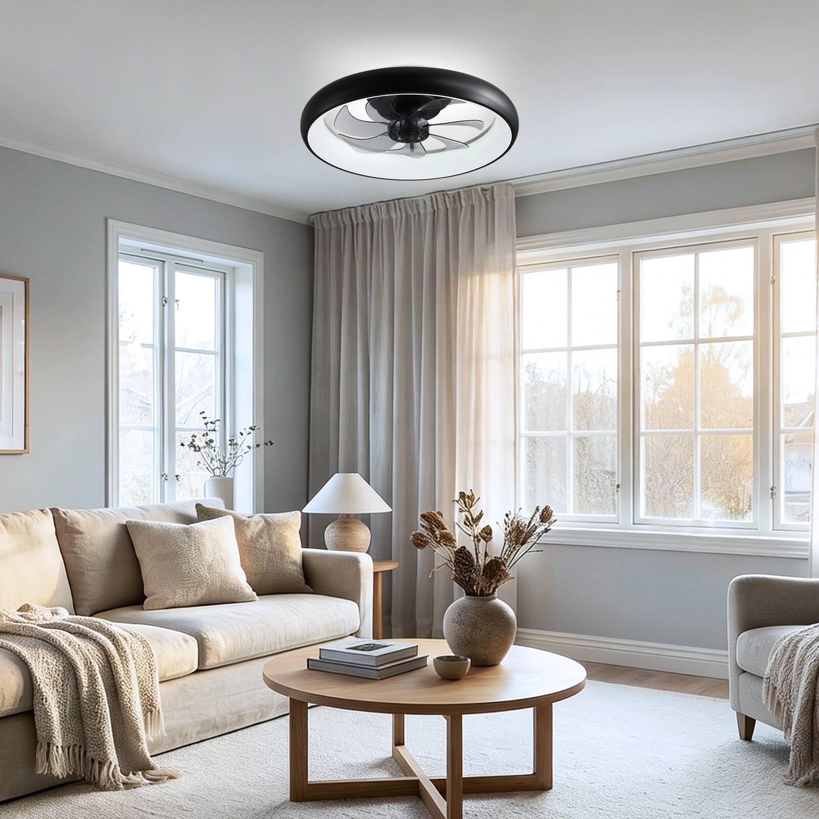 Alt View 5. Siljoy - 20 Inch Black Flush Mount Ceiling Fan with LED Lights, Remote & APP Control for Bedroom Living Room Kitchen - Black.