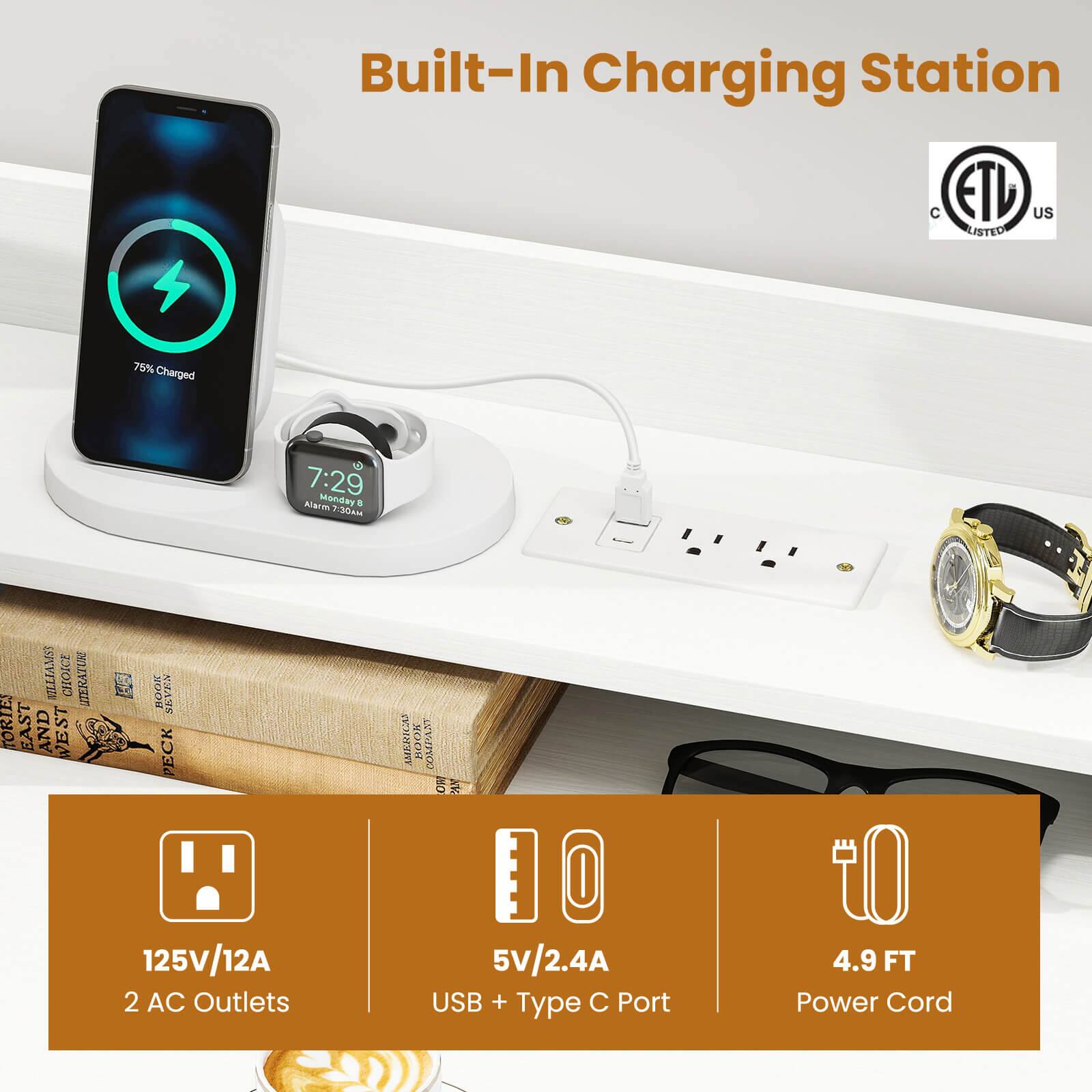 Built-In Charging Station: C ETL US LISTED 75% Charged 7:29 Alarm Monday . 7:30AM ILLIAMS CHOICE ITERATUR TORIES EAST AND WEST B OOK SKVEN PECK 125V/12A 2 AC Outlets 10 5V/2.4A USB + Type C Port 4.9 FT Power Cord