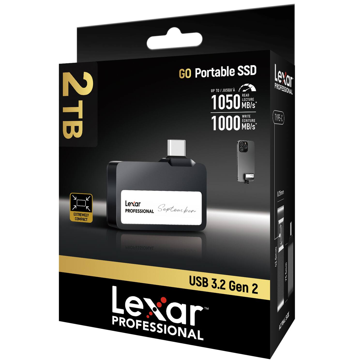 2TB GO Portable SSD Lexar Professional - JUSQU' À 1050 MB/s READ LECTURE 1000 MB/s WRITE EXTREMELY COMPACT Lexar PROFESSIONAL USB 3.2 Gen 2