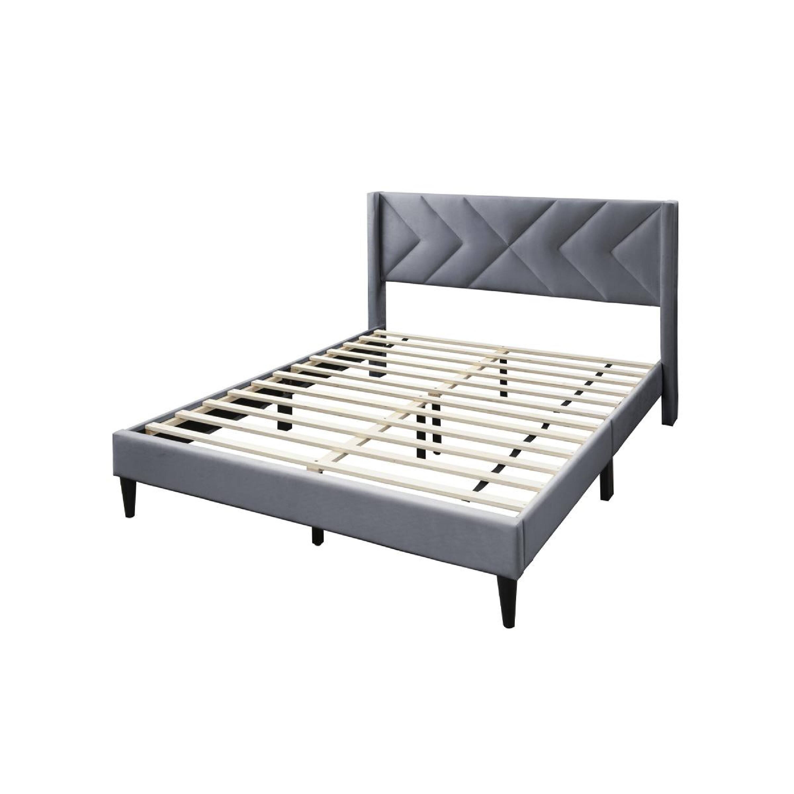 Alt View 1. Manhattan Lane - Reno Queen Size Bed, Modern X Channel Tufted Gray Velvet Upholstery - Gray, Black.