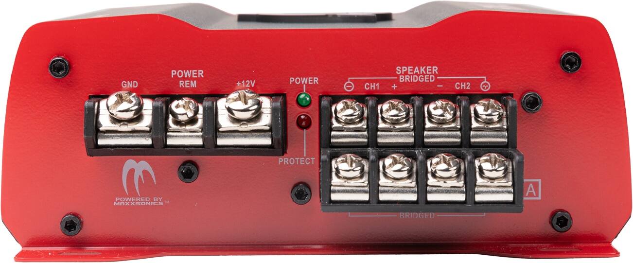 The text on the image reads:

GND POWER REM +12V POWER - SPEAKER BRIDGED CH1 + - CH2  I PROTECT POWERED BY MAXXSONICS

This text describes a power supply unit with various settings, such as power, ground, speaker, and protection. The unit is designed by Maxxsonics and is capable of providing a +12V power supply.