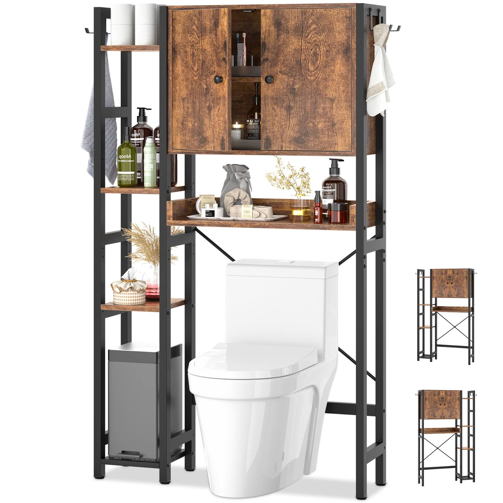 Alt View 1. Aheaplus - Over The Toilet Storage Cabinet with Doors, 7 Tier Freestanding Bathroom Organizer with Adjustable Shelves & 4 Hooks - Brown.