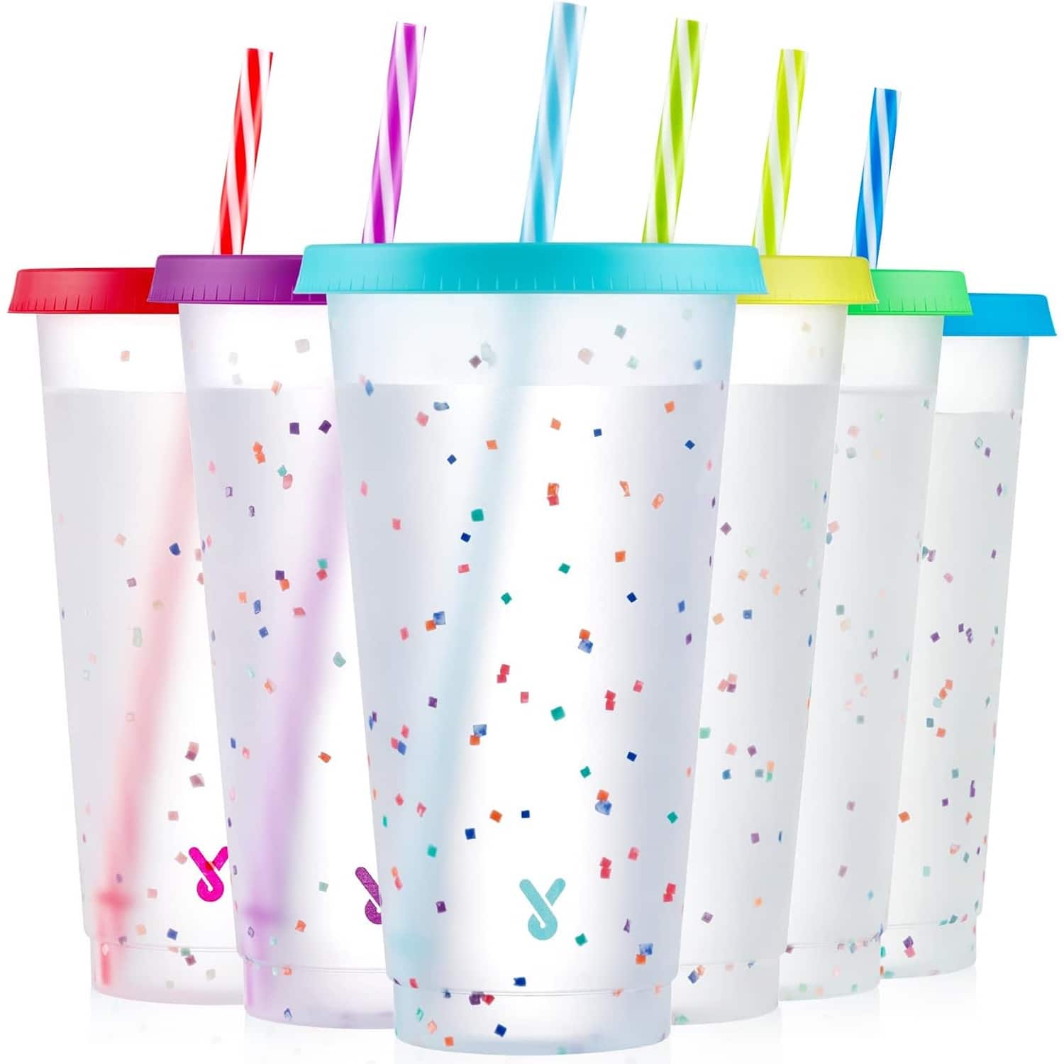 PARKER SLATER - 6-pack 24oz color changing cups with lids and straws, reusable tumblers for iced coffee, party, pool - Confetti