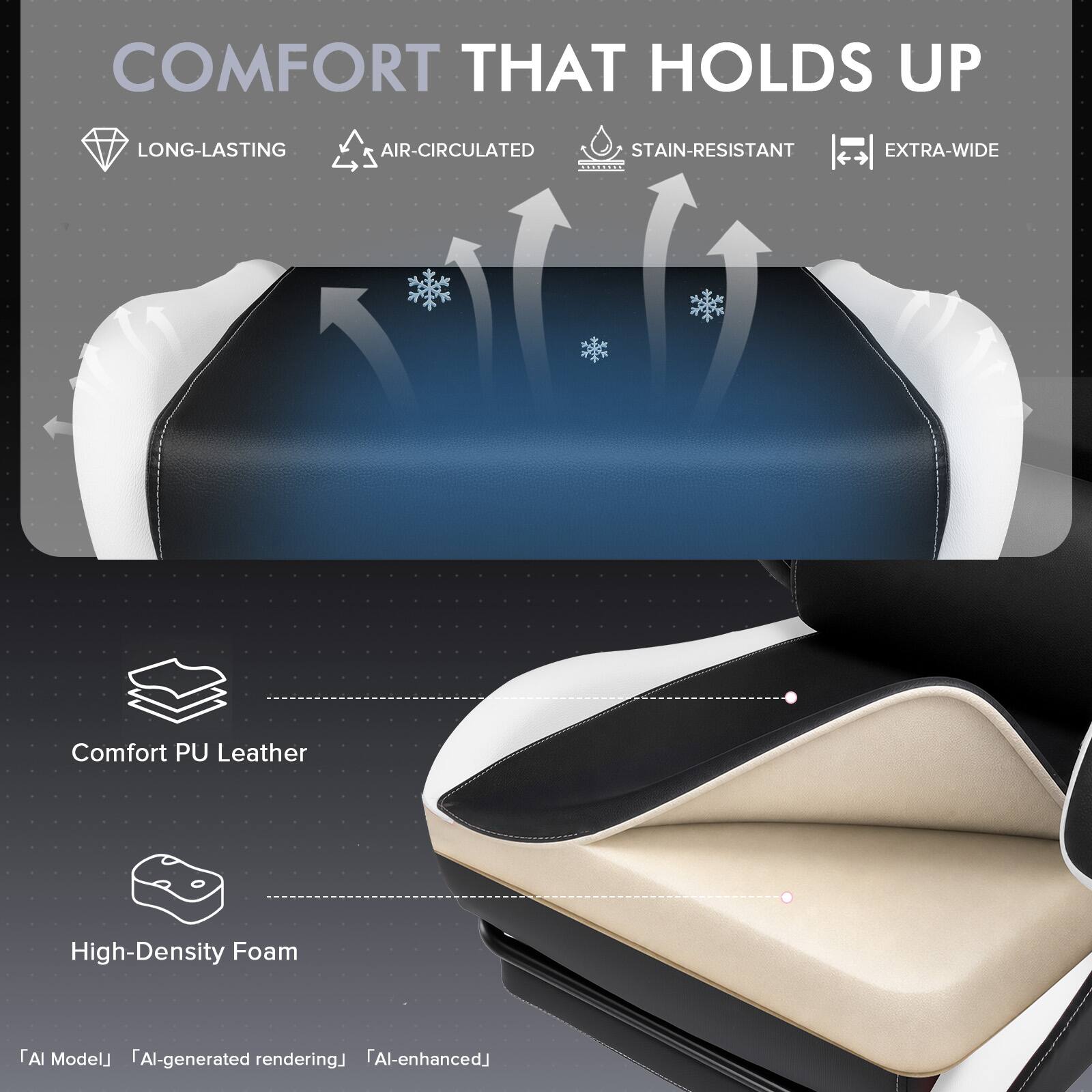 COMFORT THAT HOLDS UP

LONG-LASTING
AIR-CIRCULATED
STAIN-RESISTANT
EXTRA-WIDE

Comfort PU Leather
High-Density Foam

[AI Model] [AI-generated rendering] [AI-enhanced]