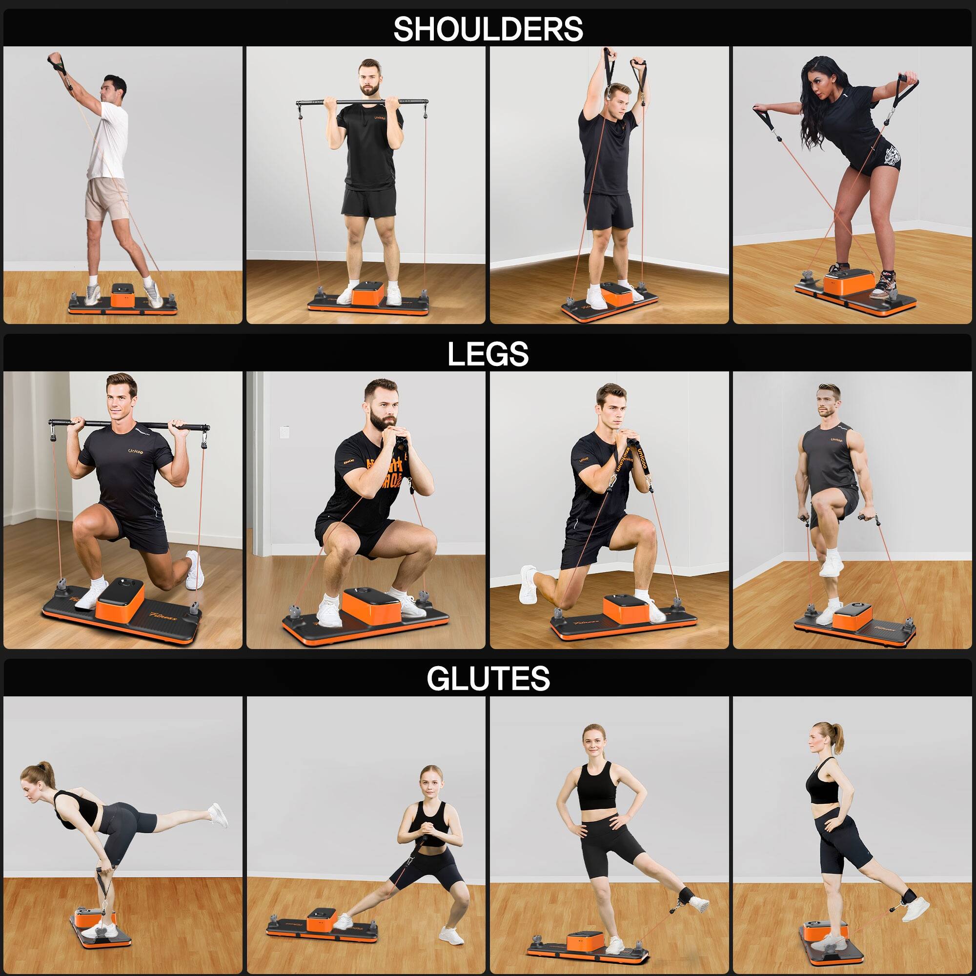 Sure, here is the corrected and grouped text from the image:

**SHOULDERS**
- (Image of a person doing a shoulder exercise)

**LEGS**
- (Image of a person doing a leg exercise)

**GLUTES**
- (Image of a person doing a glute exercise)