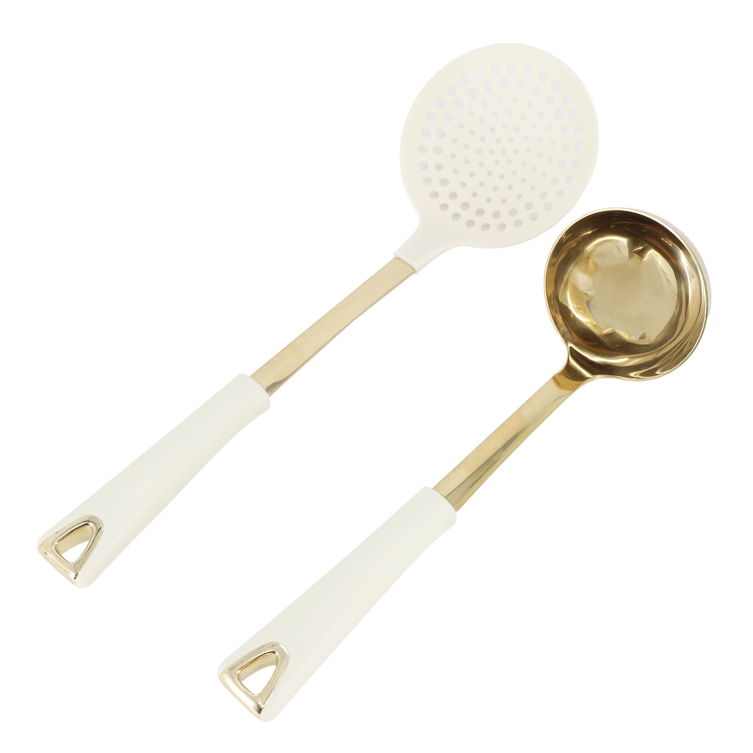 Front. Martha Stewart - Martha Stewart Lockton 2 Piece Stainless Steel Skimmer and Ladle Kitchen Tool Set in Linen w/ Gold - White.