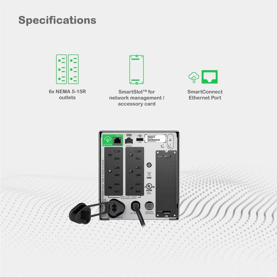 Specifications

- 6x NEMA 5-15R outlets
- SmartSlot™ for network management / accessory card
- SmartConnect Ethernet Port