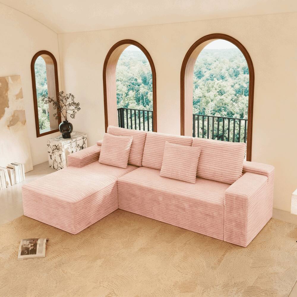 Front. Kadyn - 104" Right Chaise Modular Sectional, Corduroy Cloud Couch with Deep Seats and No Setup Needed, Pink - Pink.