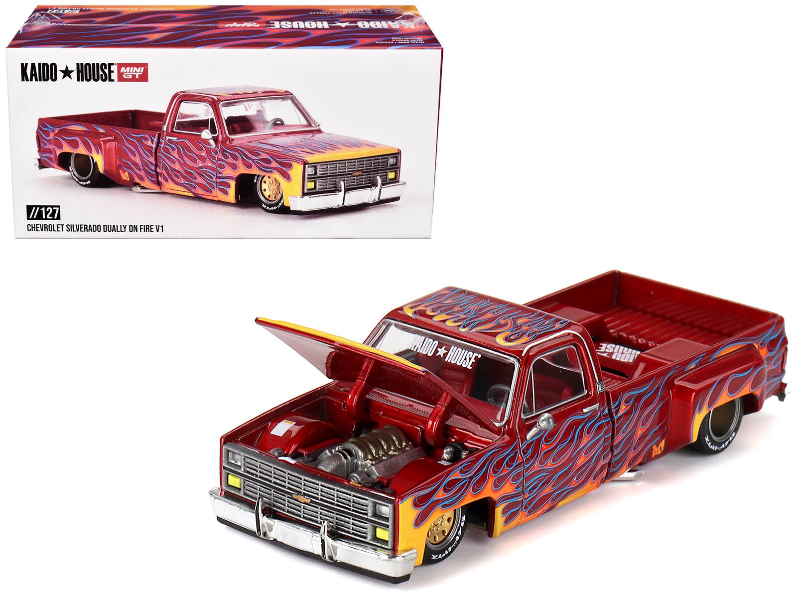 Chevrolet Silverado Dually Pickup On Fire V1 Flames Red Interior Jun Imai Kaido House 1/64 Diecast Mini GT - Red Metallic