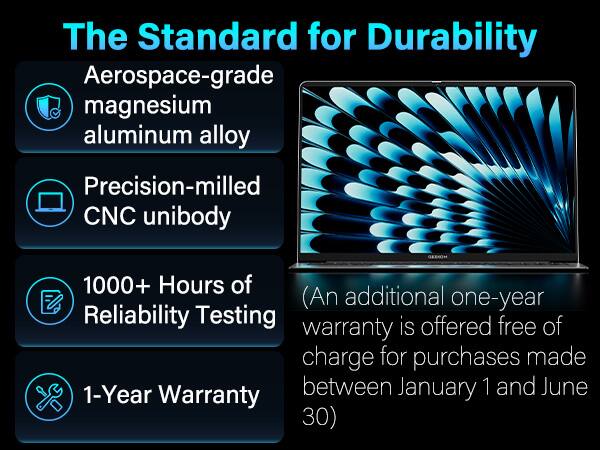 The Standard for Durability

- Aerospace-grade magnesium aluminum alloy
- Precision-milled CNC unibody
- 1000+ Hours of Reliability Testing
- 1-Year Warranty

(An additional one-year warranty is offered free of charge for purchases made between January 1 and June 30)