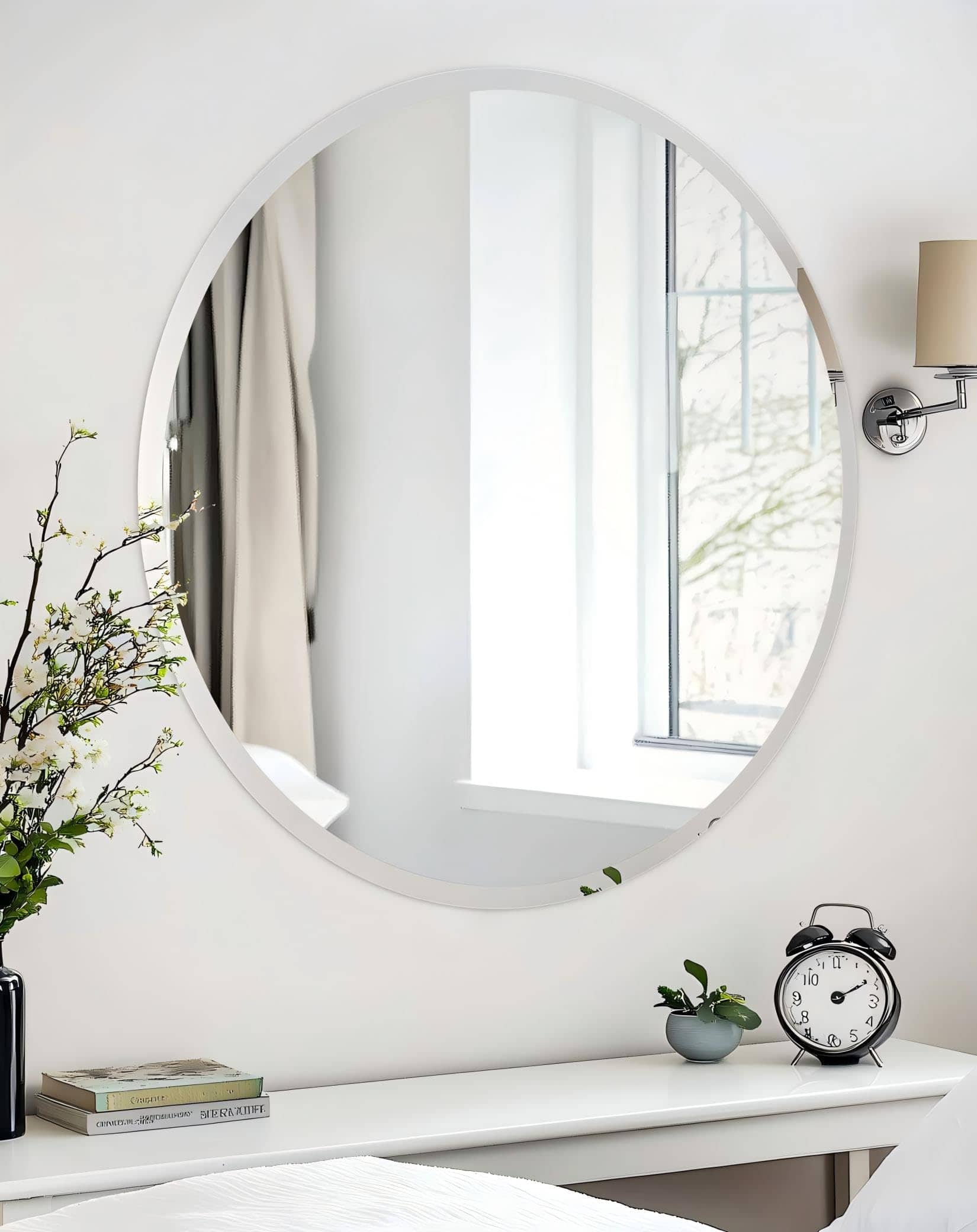 VEGA AUTOMOTIVE - Frameless Rectangular Wall Mirror Decorative Rectangle Mirrored Glass Vanity With Beveled Edge For Bathroom - Silver-round 36"L x 36"W