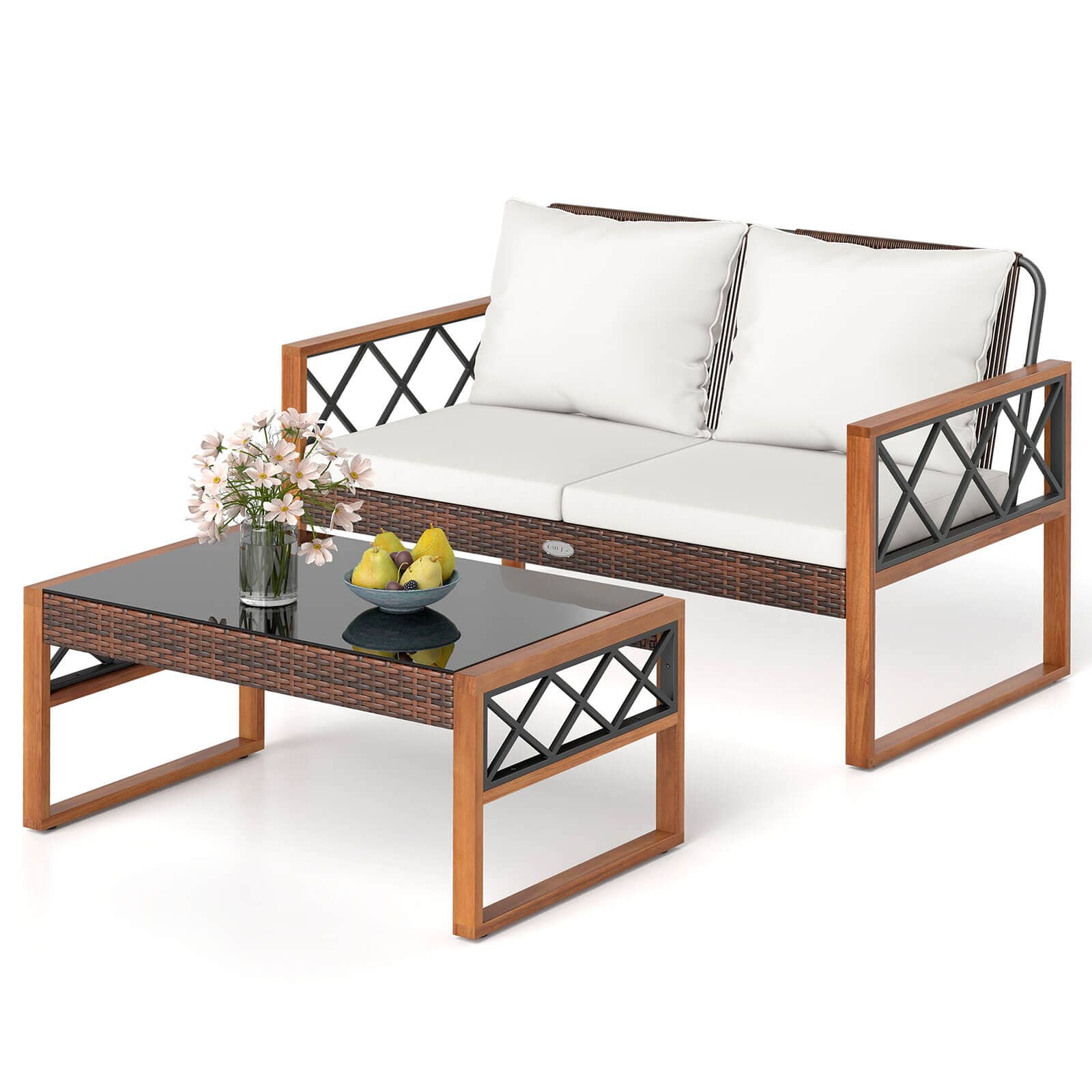 Costway - 2 Pieces Patio PE Wicker Furniture Set Outdoor Acacia Wood Loveseat for Porch - Mix Brown,Off White