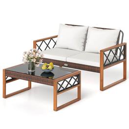 Costway - 2 Pieces Patio PE Wicker Furniture Set Outdoor Acacia Wood Loveseat for Porch - Mix Brown,Off White
