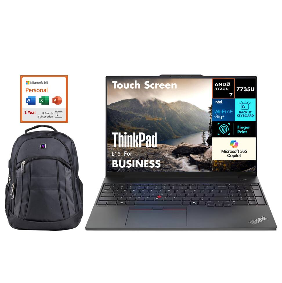 Microsoft 365 Personal  
1 Year 12 Month Subscription  

ThinkPad E16 For BUSINESS  
Touch Screen  
AMD Ryzen 7 7735U  
Intel Wi-Fi 6E Gig+  
Backlit Keyboard  
Finger Print  
Microsoft 365 Copilot