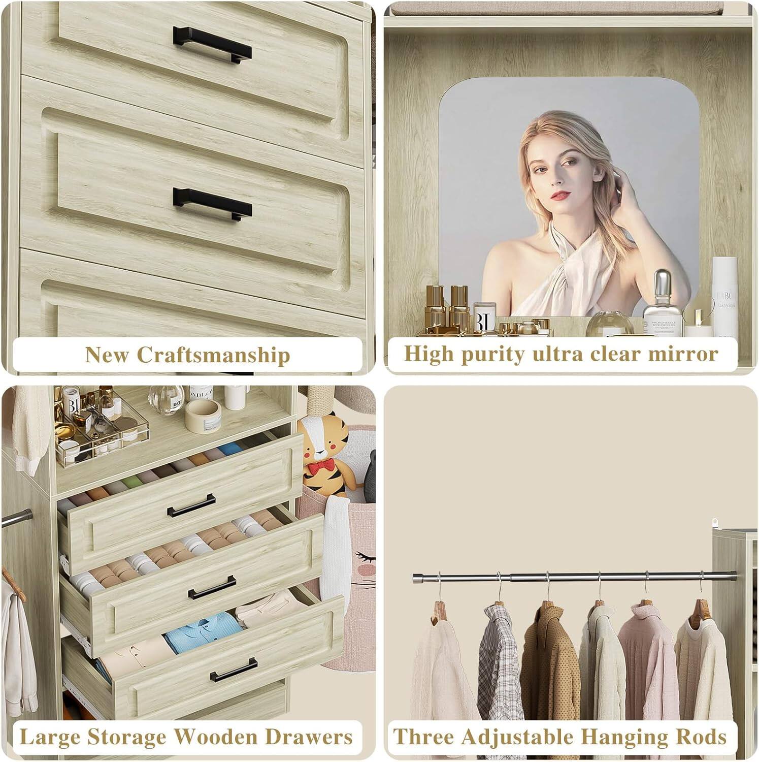 UK New Craftsmanship  
High purity ultra clear mirror  
Large Storage Wooden Drawers  
Three Adjustable Hanging Rods