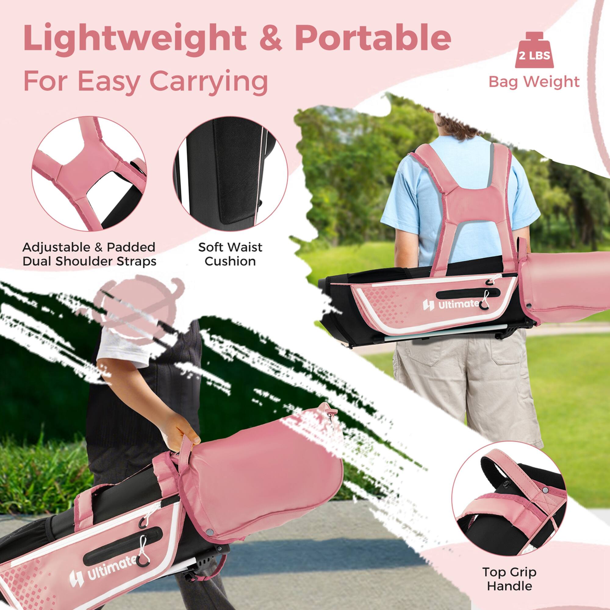 Lightweight & Portable  
For Easy Carrying  

Adjustable & Padded Dual Shoulder Straps  
Soft Waist Cushion  
Top Grip Handle  

2 LBS  
Bag Weight