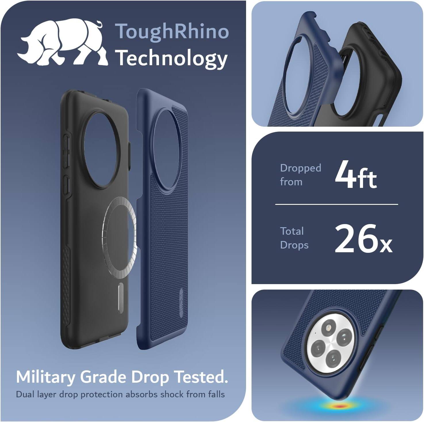 ToughRhino Technology

Dropped from 4ft  
Total Drops 26x

Military Grade Drop Tested.  
Dual layer drop protection absorbs shock from falls