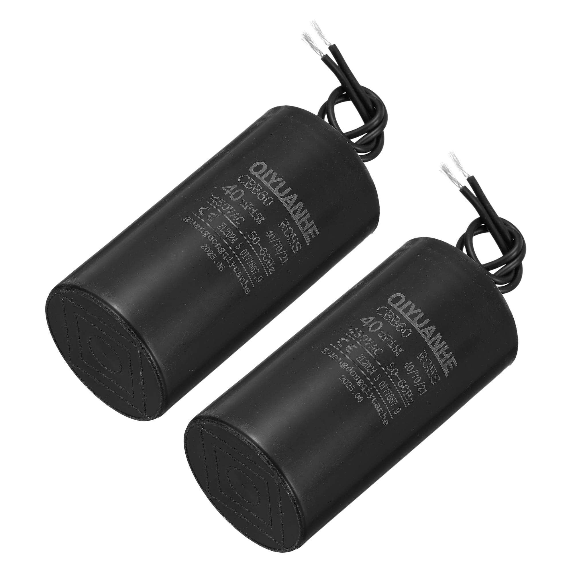 Unique Bargains - 2pcs 40uF CBB60 Run Capacitor, AC 450V 2 Wires 50/60Hz Cylinder 50x100mm for Air Compressor, Water Pump - Black