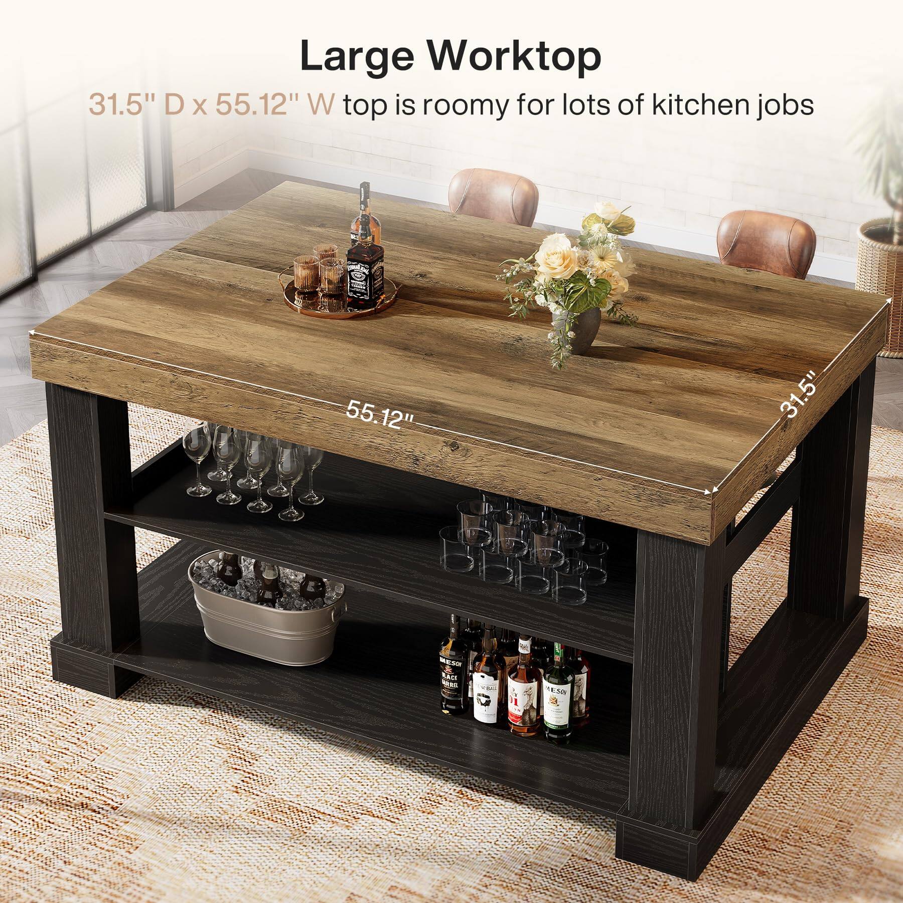 Large Worktop  
31.5" D x 55.12" W top is roomy for lots of kitchen jobs