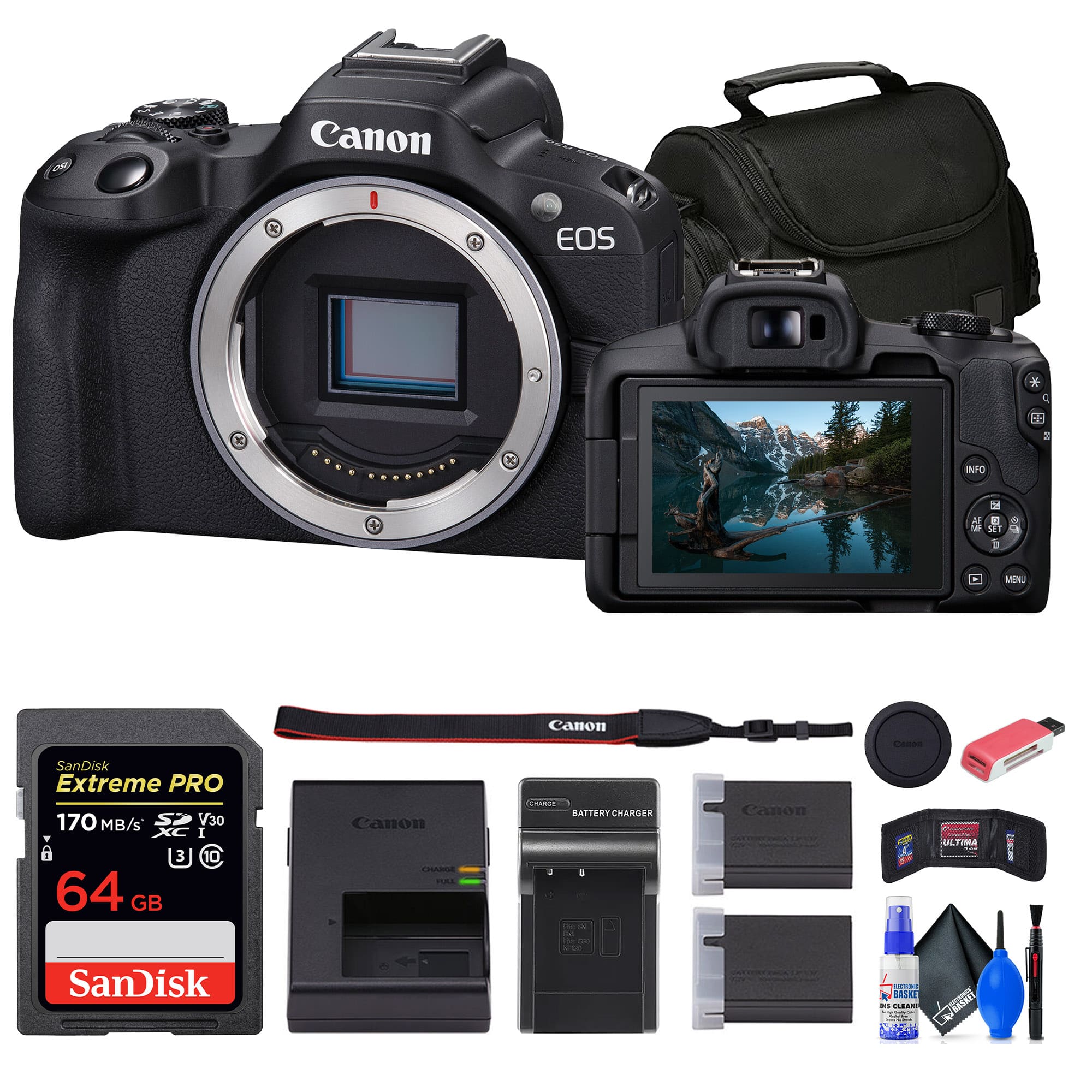 Canon - EOS R50 Mirrorless Camera + 64GB Card + Bag + Charger + Battery + More (International Version) - Black