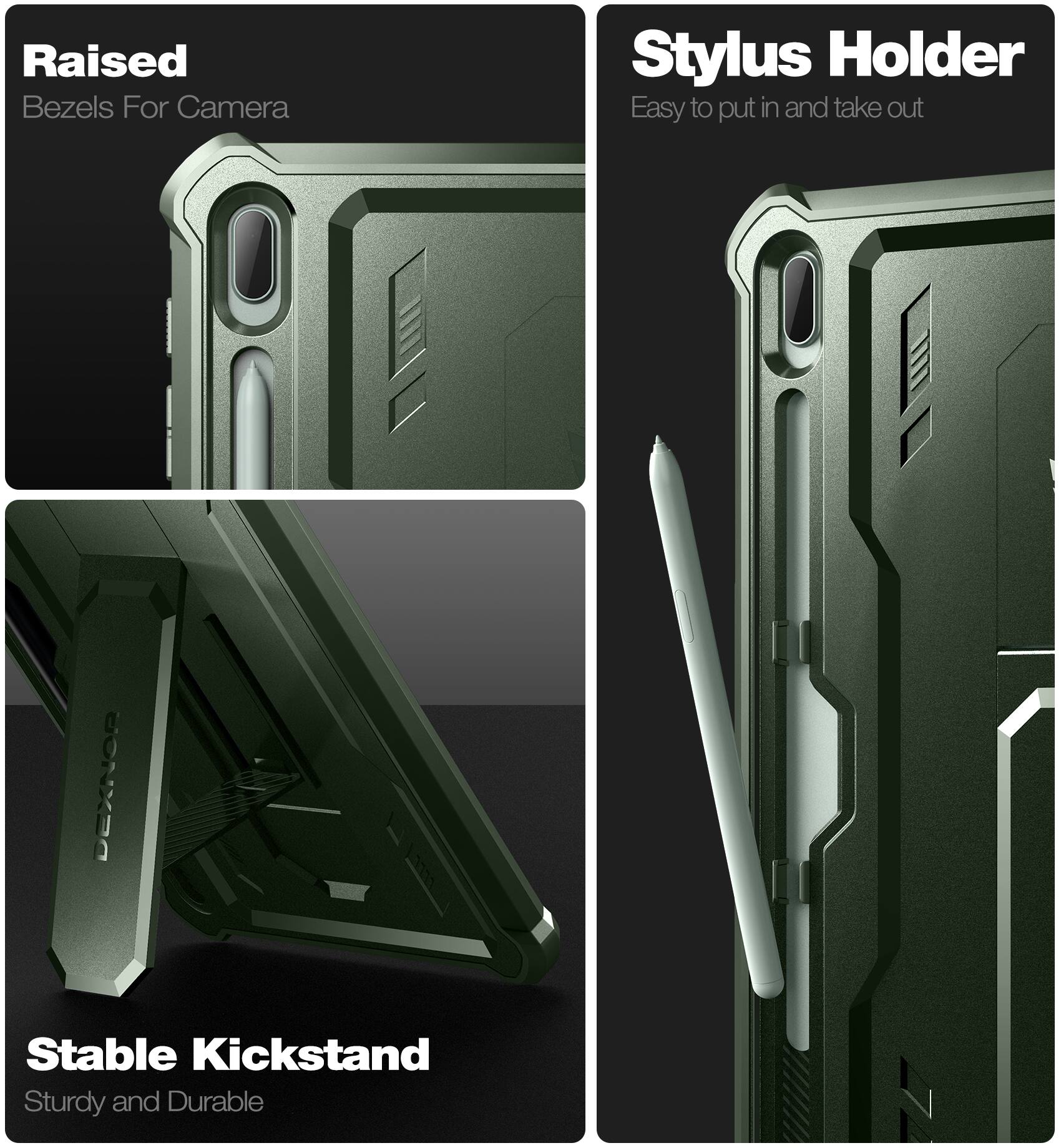 Raised Bezels For Camera  
Stylus Holder  
Easy to put in and take out  
Stable Kickstand  
Sturdy and Durable