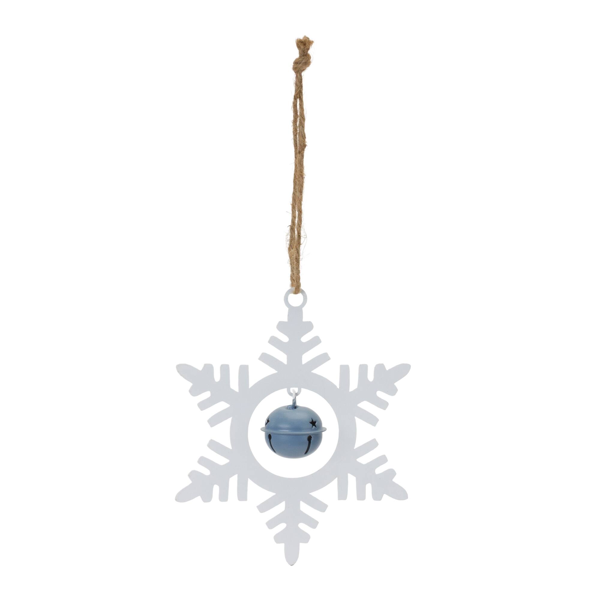 Angle. BreeBe - Metal Snowflake with Bell Ornament (Set of 12) - White, Blue.