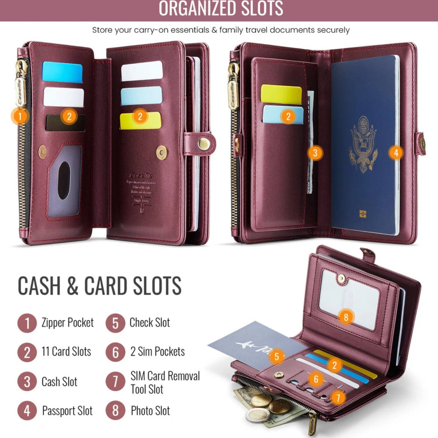 ORGANIZED SLOTS  
Store your carry-on essentials & family travel documents securely

CASH & CARD SLOTS  
1. Zipper Pocket  
2. 11 Card Slots  
3. Cash Slot  
4. Passport Slot  
5. Check Slot  
6. 2 Sim Pockets  
7. SIM Card Removal Tool Slot  
8. Photo Slot