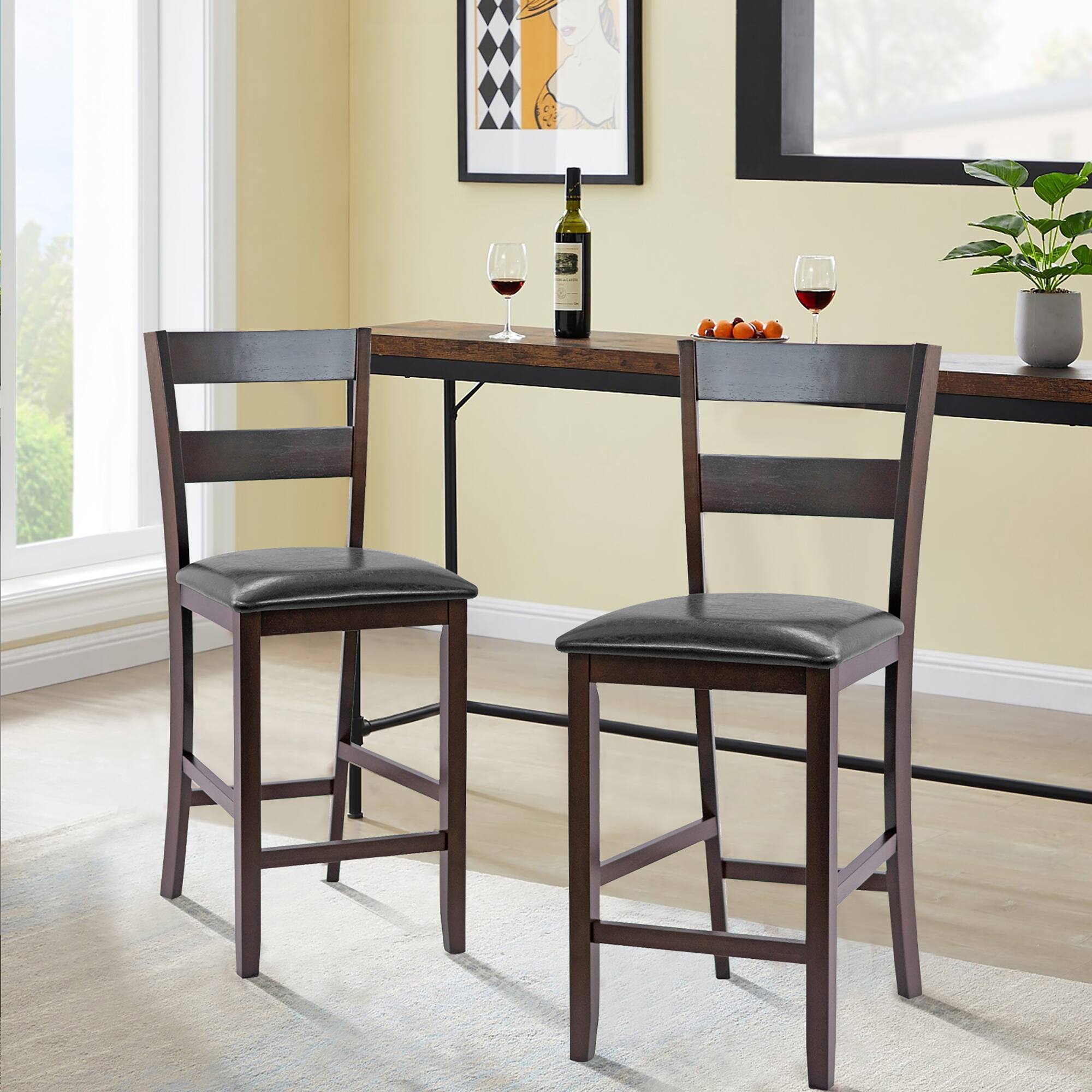 Alt View 1. Costway - Costway 2-Pieces Bar Stools Counter Height Chairs w/ PU Leather Seat - Dark Espresso,Black.