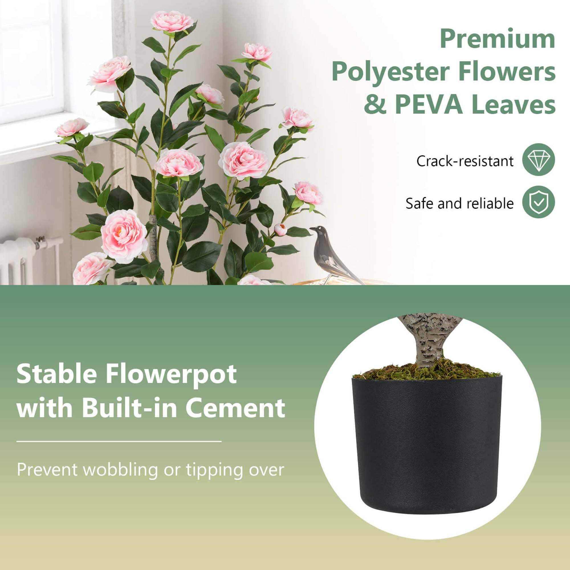 Premium Polyester Flowers & PEVA Leaves  
Crack-resistant  
Safe and reliable  

Stable Flowerpot with Built-in Cement  
Prevent wobbling or tipping over