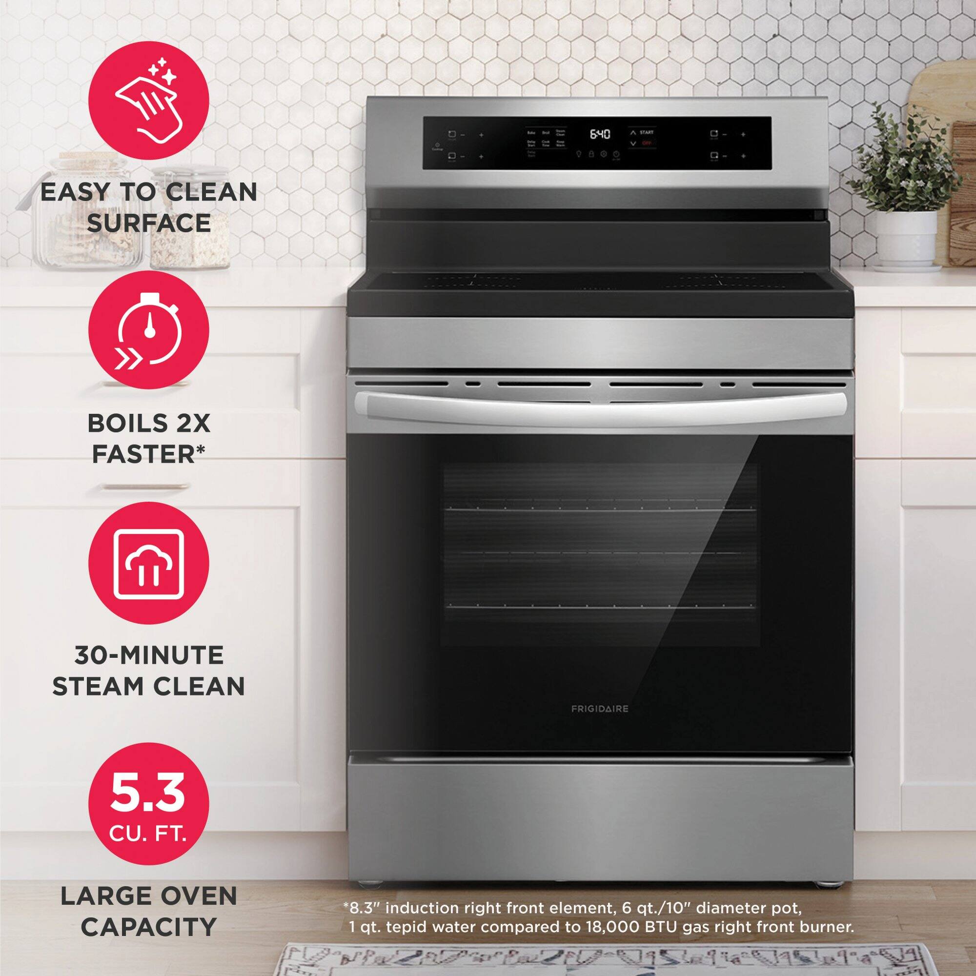 - Easy to Clean Surface
- Boils 2X Faster*
- 30-Minute Steam Clean
- 5.3 Cu. Ft. Large Oven Capacity
- *8.3" induction right front element, 6 qt./10" diameter pot, 1 qt. tepid water compared to 18,000 BTU gas right front burner.