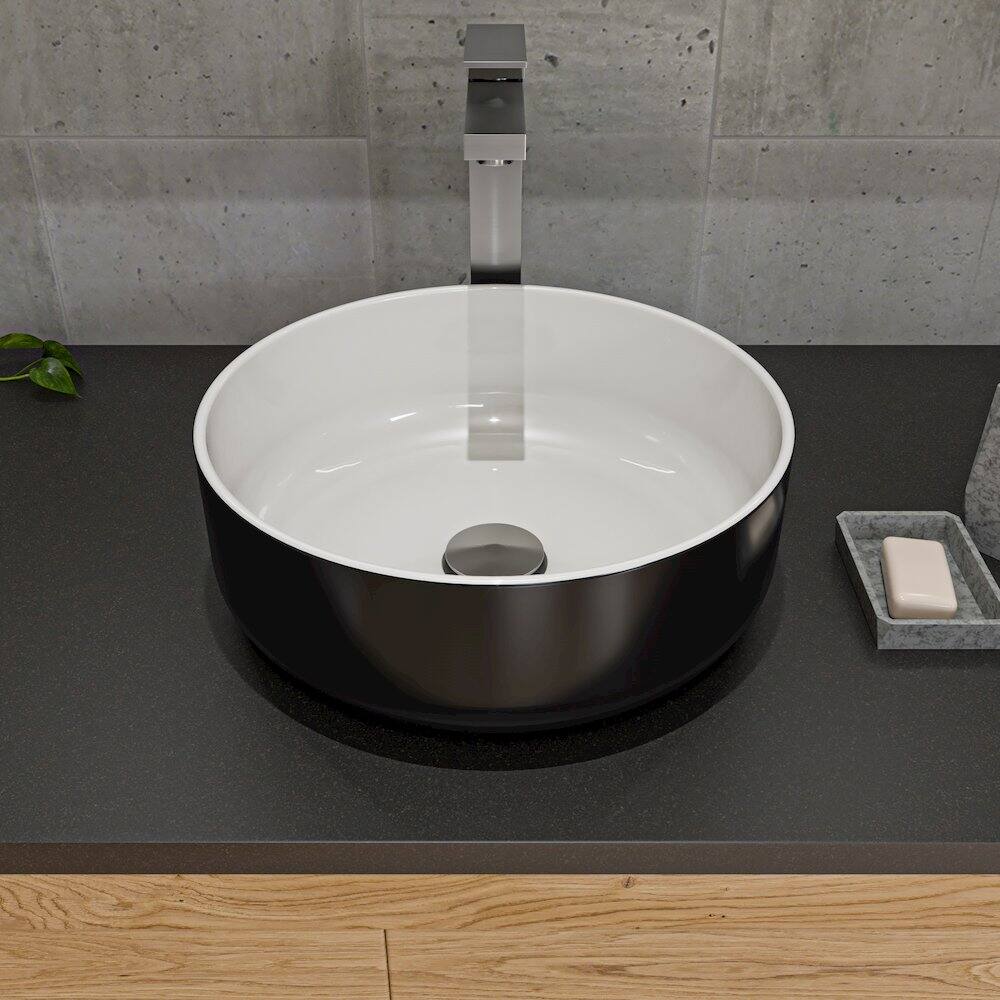 Left. Alfi - Black & White 15" Round Above Mount Ceramic Sink - Black.