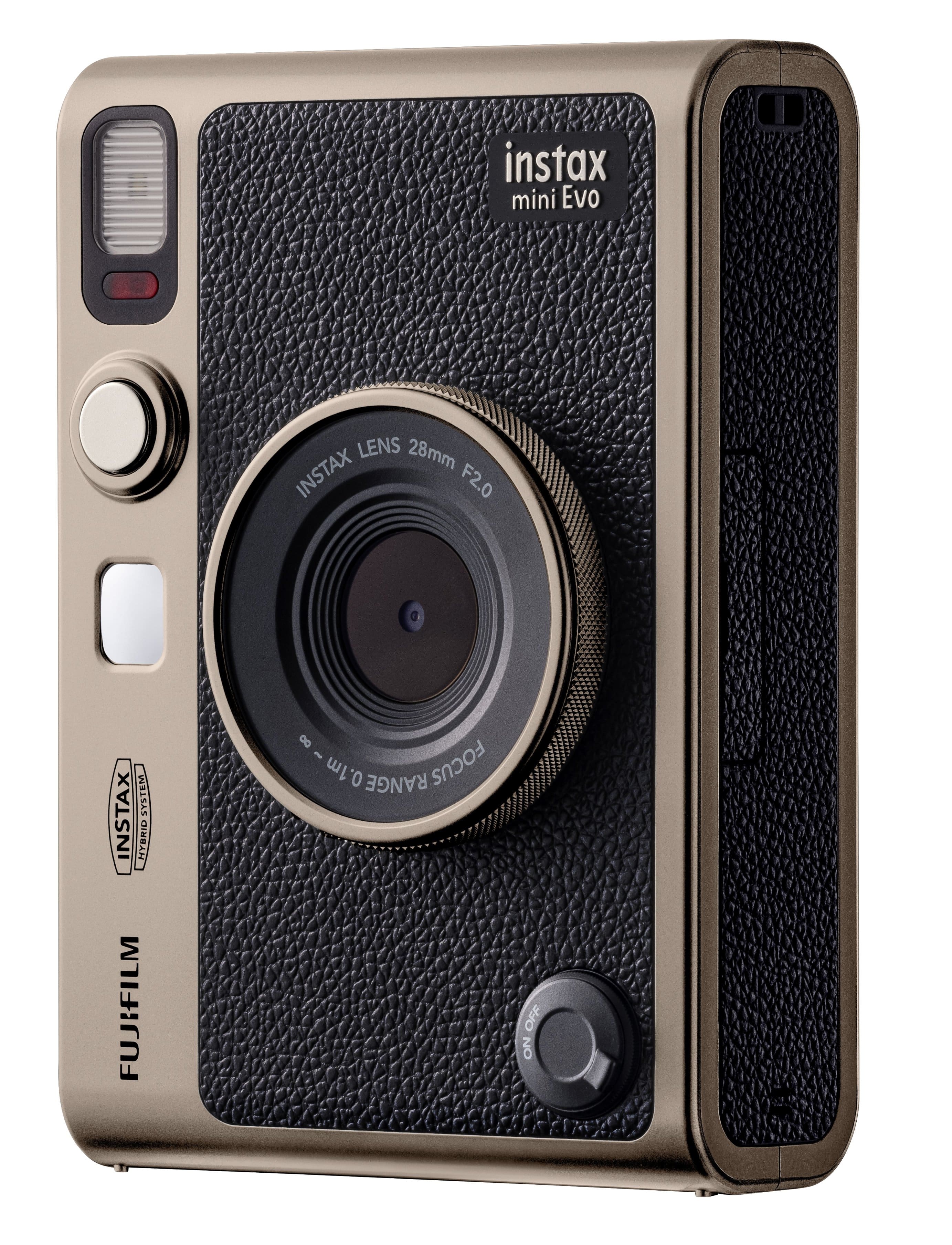 The image features an Instax Mini Evo camera with a 28mm lens. The camera is designed by Fujifilm and has a focal length of 0.2m to 1m. The lens is positioned on the front of the camera, ready for use.