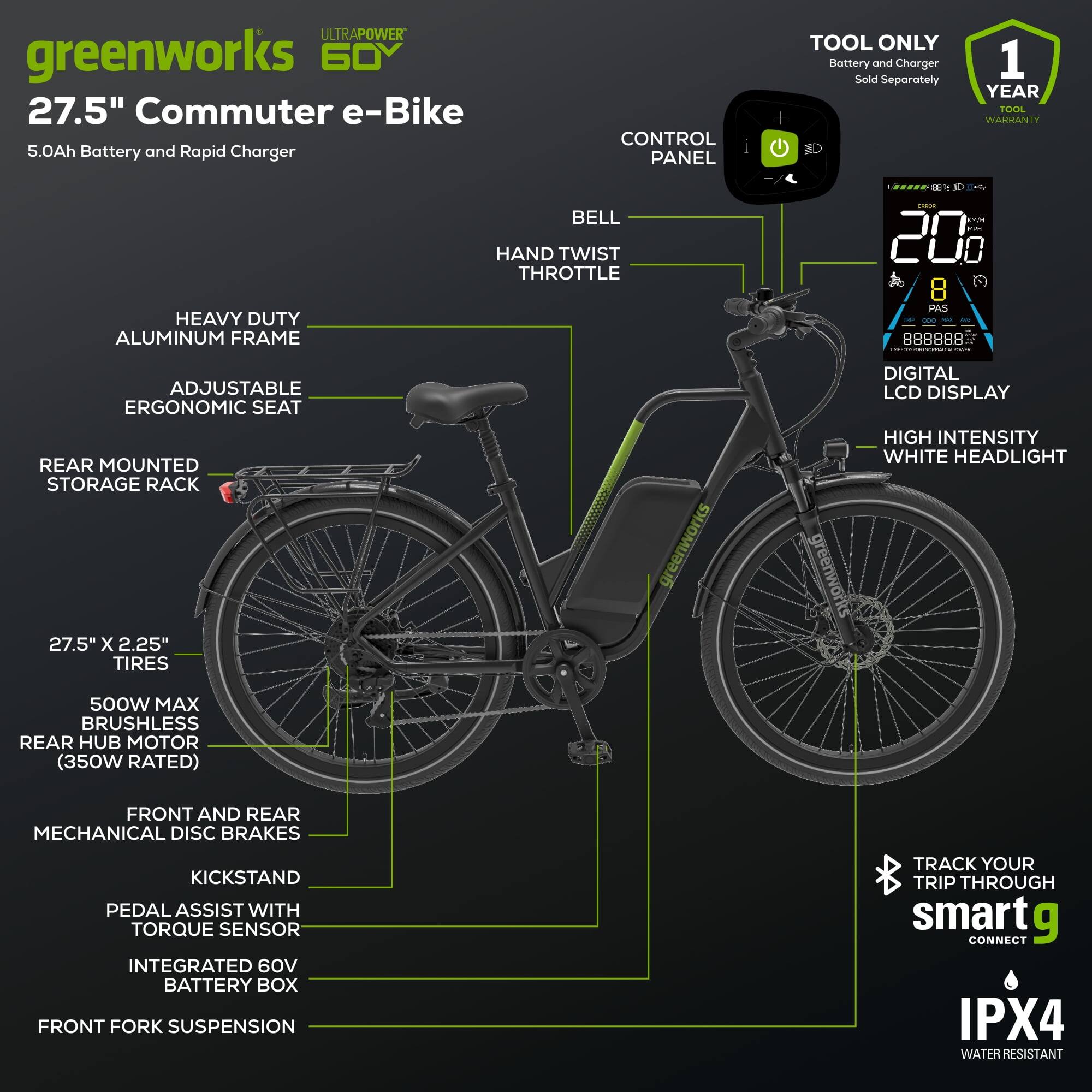 Back. Greenworks - Greenworks 60V Electric Commuter Bike for Adults, 27.5" Tires, 500W Peak Motor, Removable Battery (Bike Only) - Green.