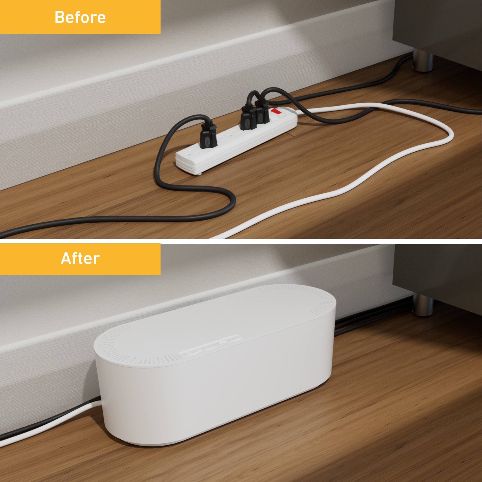 Before: A white speaker is plugged into a power strip. After: The speaker is unplugged and placed on the floor.
