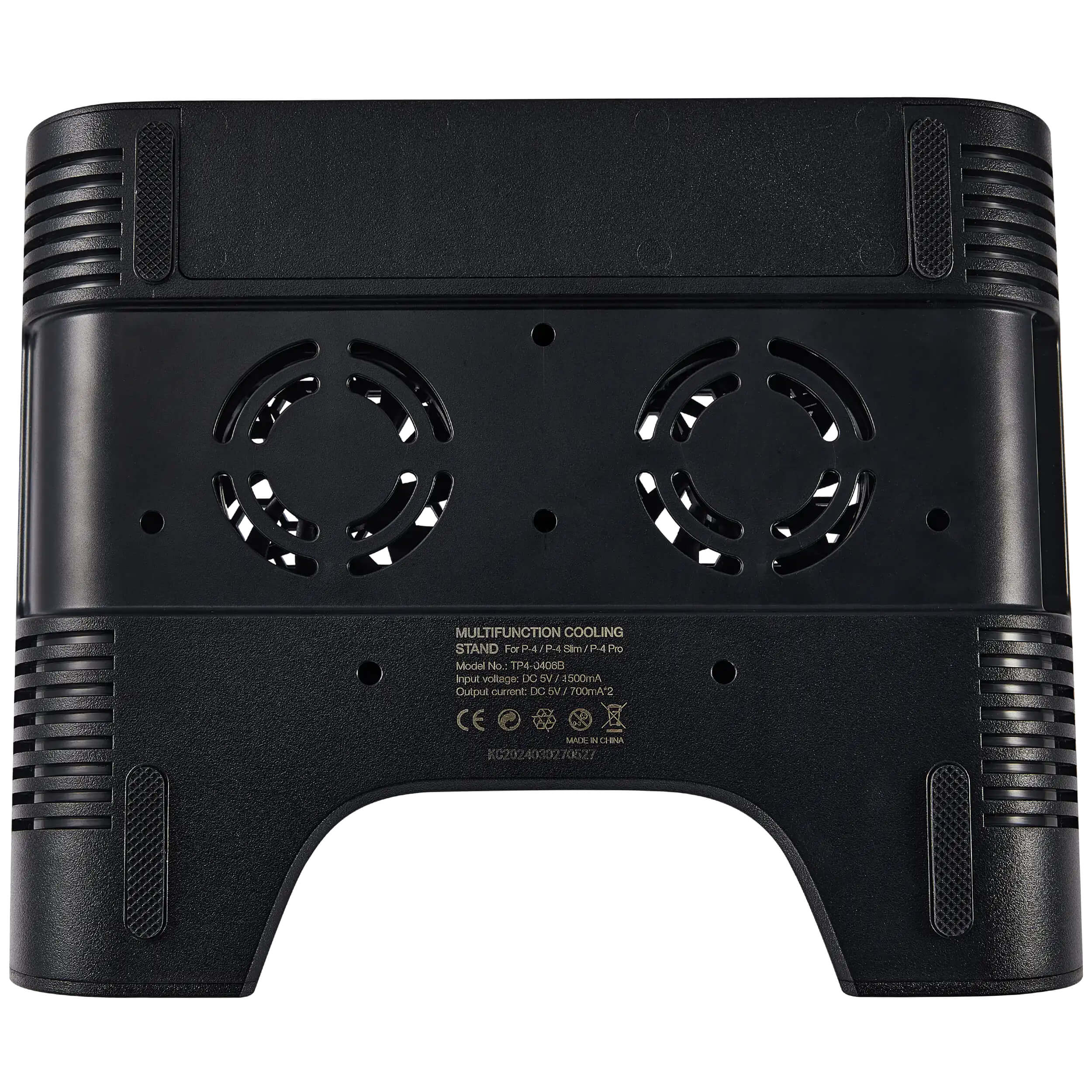 Sure, here is the corrected and grouped text from the image:

---

**MULTIFUNCTION COOLING STAND**

**Model No:** TP4-04088

**Input Voltage:** DC 5V / 1500mA

**Output Current:** DC 5V / 700mA

**CE** **FCC** **RoHS**

**KC202403020627**

**MADE IN CHINA**

---

This text is organized to reflect the information provided on the device.