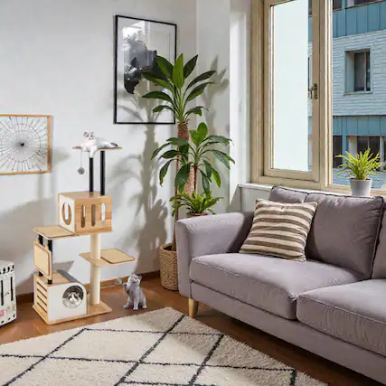 Front. BreeBe - Stylish Tall Cat Activity Center with Twin Condos, Sisal Mats, and Play Balls - Natural.