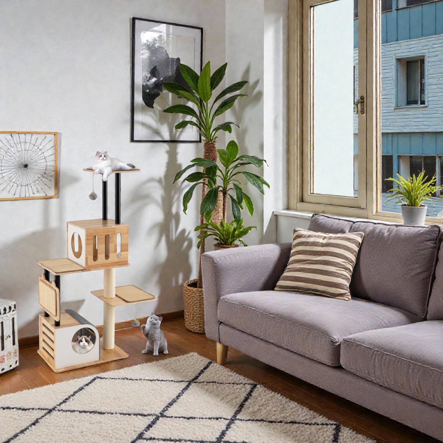 Front. BreeBe - Stylish Tall Cat Activity Center with Twin Condos, Sisal Mats, and Play Balls - Natural.
