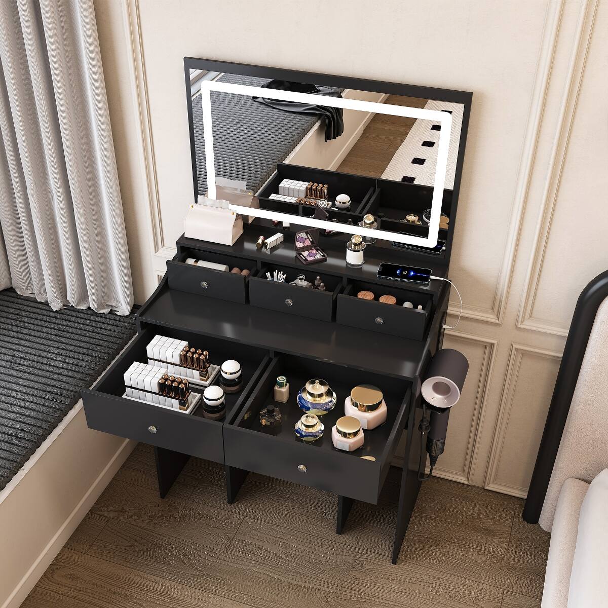 Alt View 8. Loheer - Loheer Large Mirror Makeup Vanity Desk with Power Outlet and Adjustable Lighting for Bedroom - Black.