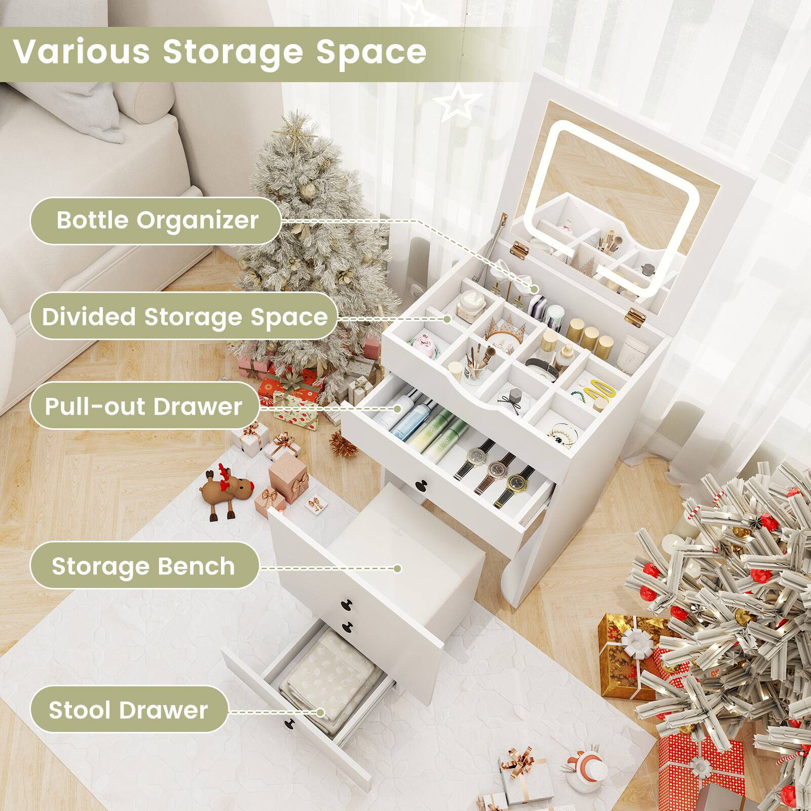 Various Storage Space

- Bottle Organizer
- Divided Storage Space
- Pull-out Drawer
- Storage Bench
- Stool Drawer