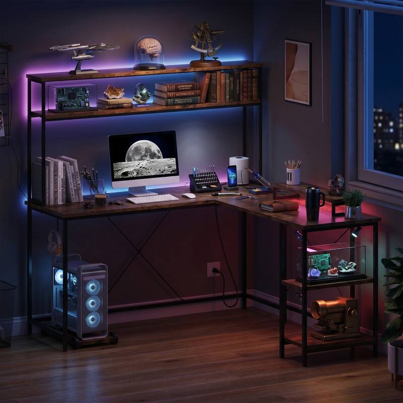 Alt View 6. WELLFOR - Large Reversible Computer Desk with LED Light&  Power Outlets,L Shape Desk Gaming Desk with Hutch& Monitor Stand - Rustic Brown.