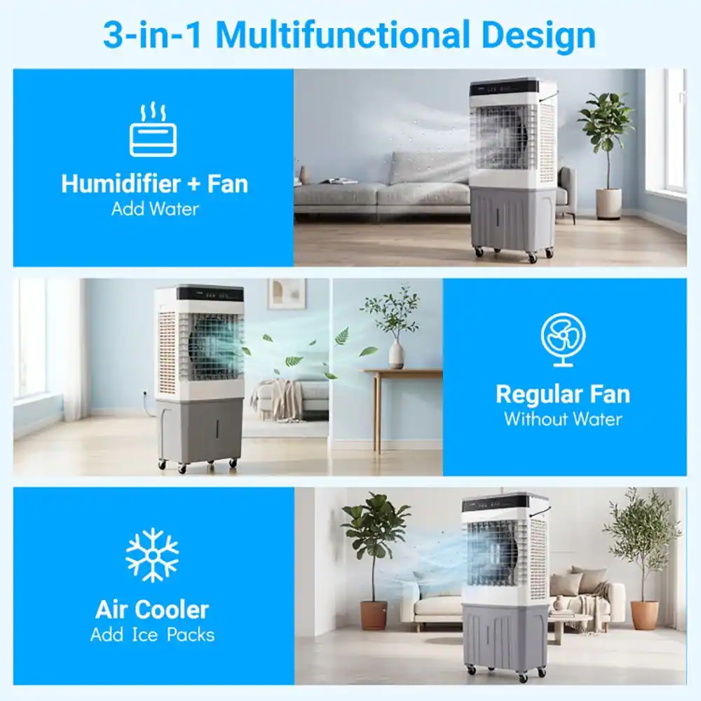 3-in-1 Multifunctional Design

- Humidifier + Fan
  - Add Water

- Regular Fan
  - Without Water

- Air Cooler
  - Add Ice Packs