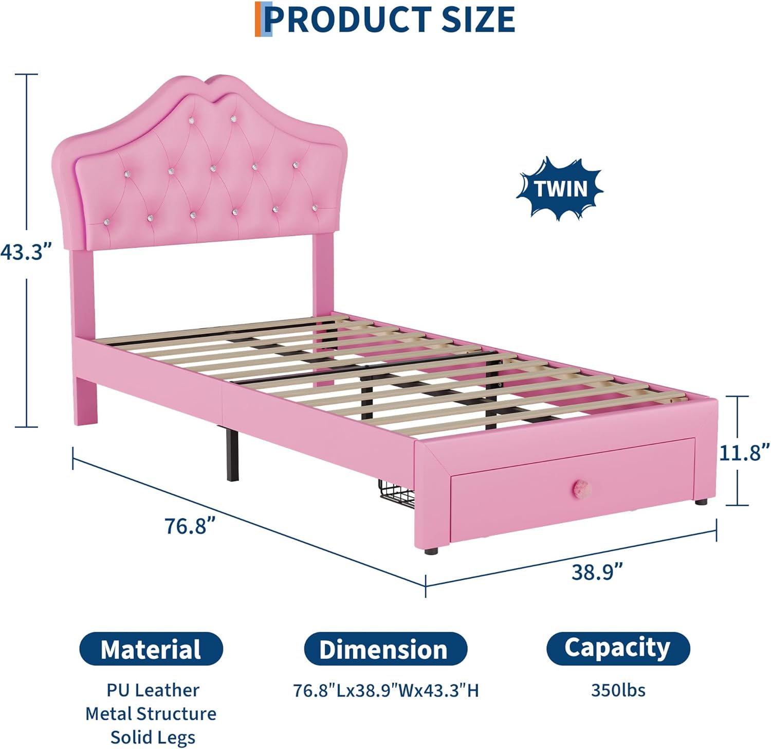 **PRODUCT SIZE**

- **CT SIZE:** TWIN

- **Material:**
  - PU Leather
  - Metal Structure
  - Solid Legs

- **Dimension:**
  - 76.8"L x 38.9"W x 43.3"H

- **Capacity:**
  - 350lbs

- **Dimensions:**
  - Height: 43.3"
  - Width: 38.9"
  - Depth: 76.8"
  - Height of headboard: 43.3"
  - Height of footboard: 11.8"