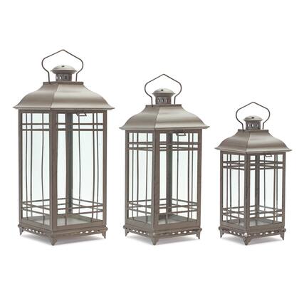 Front. BreeBe - Traditional Brown Metal Lantern (Set of 3) - Brown.