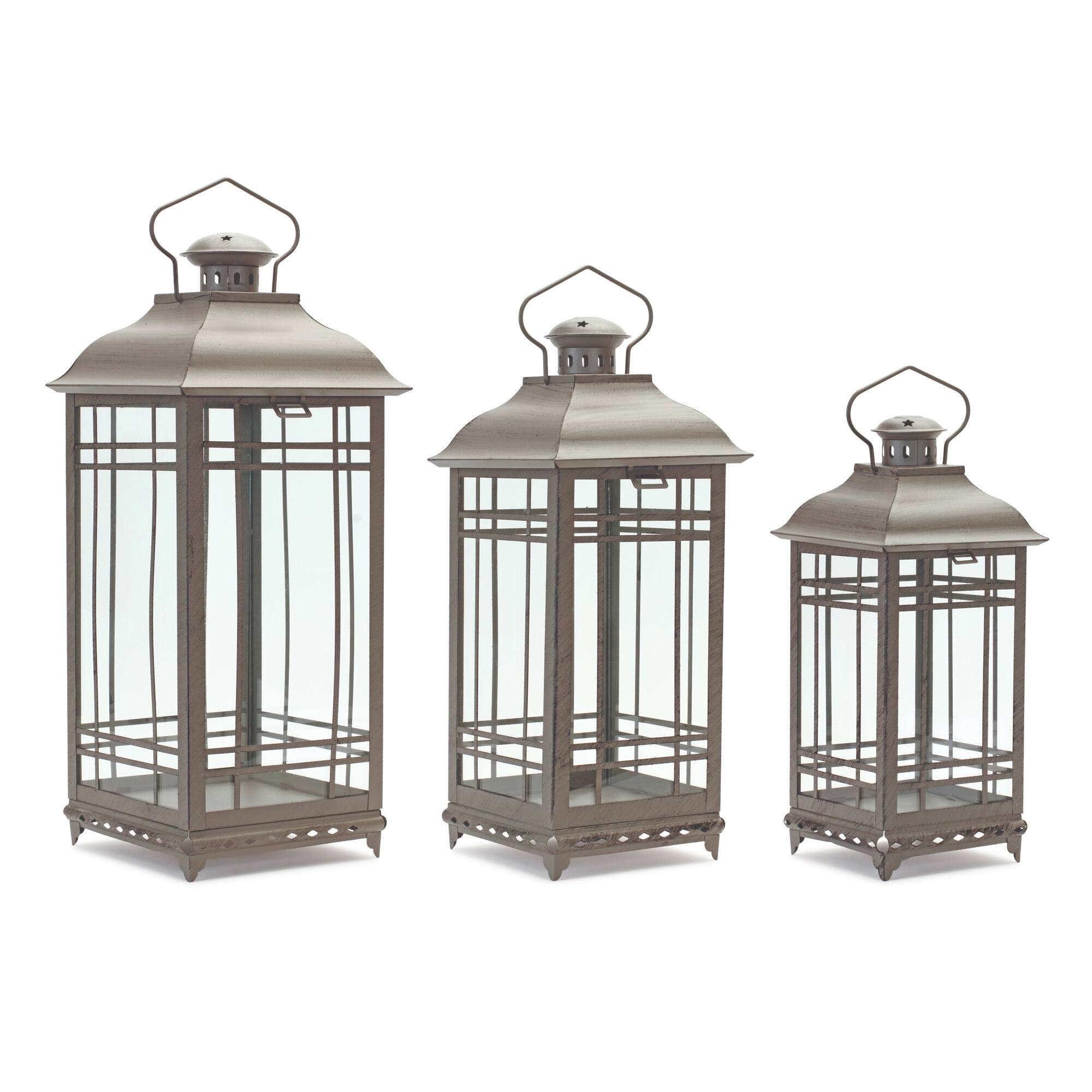 Front. BreeBe - Traditional Brown Metal Lantern (Set of 3) - Brown.
