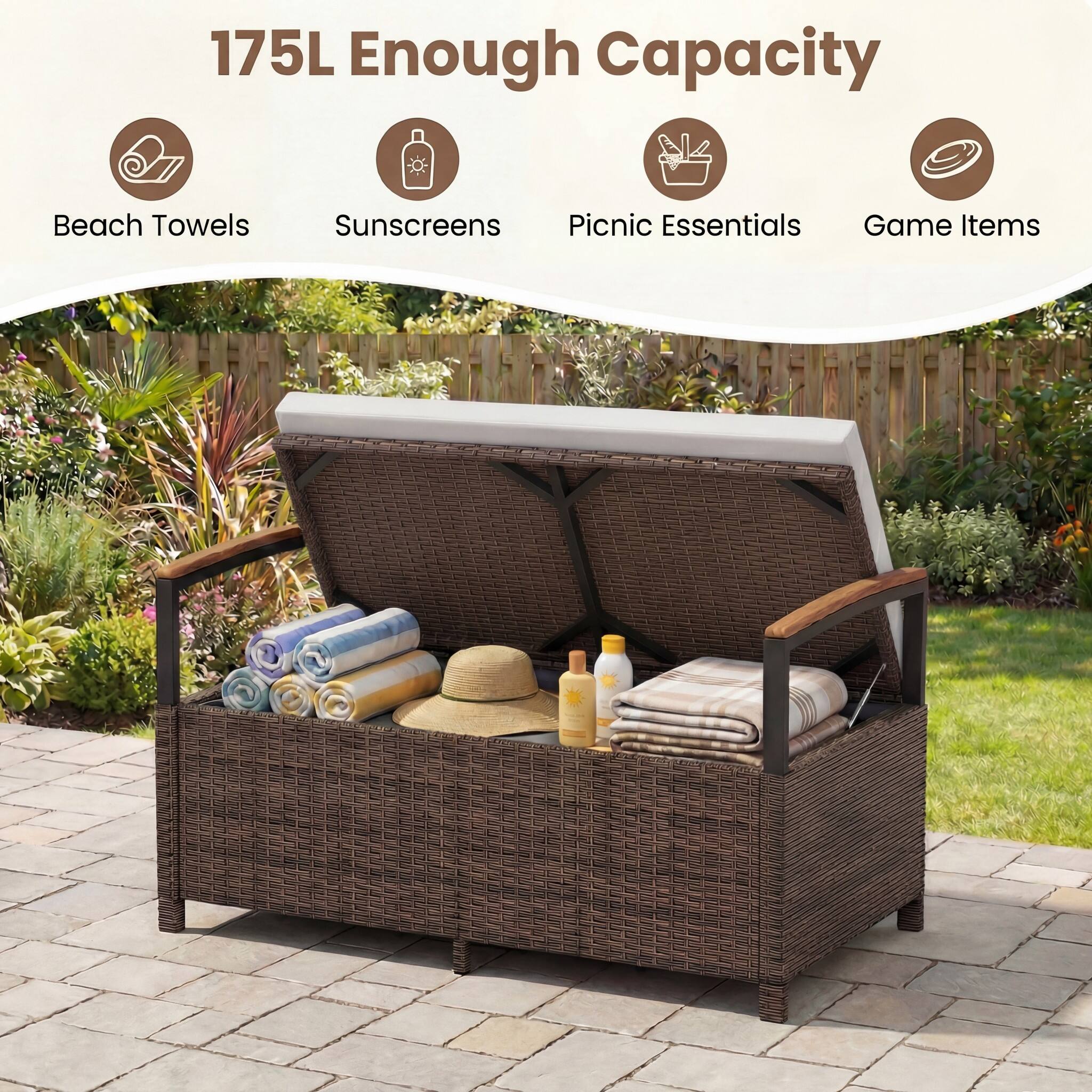 175L Enough Capacity

- Beach Towels
- Sunscreens
- Picnic Essentials
- Game Items
