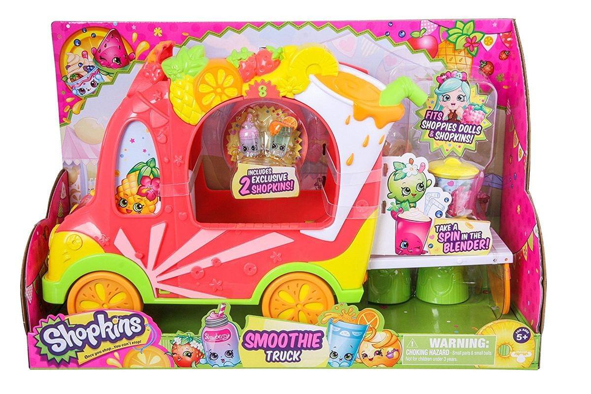 8 FITS SHOPPIES DOLLS & SHOPKINS! INCLUDES EXCLUSIVE 2 SHOPKINS! TAKE A SPIN IN THE BLENDER! Shopkins Once you shop, you can't stop! Strawberry SMOOTHIE TRUCK! WARNING: CHOKING HAZARD - Small parts & small balls. Not for children under 3 years.