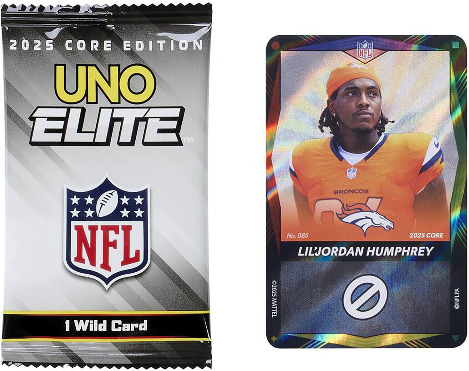 2025 CORE EDITION UNO ELITE TM  
TO: NFL BRONCOS  
1 Wild Card No. 085  
2025 CORE  
LILJORDAN HUMPHREY  
2025  
MATTEL NFLPA
