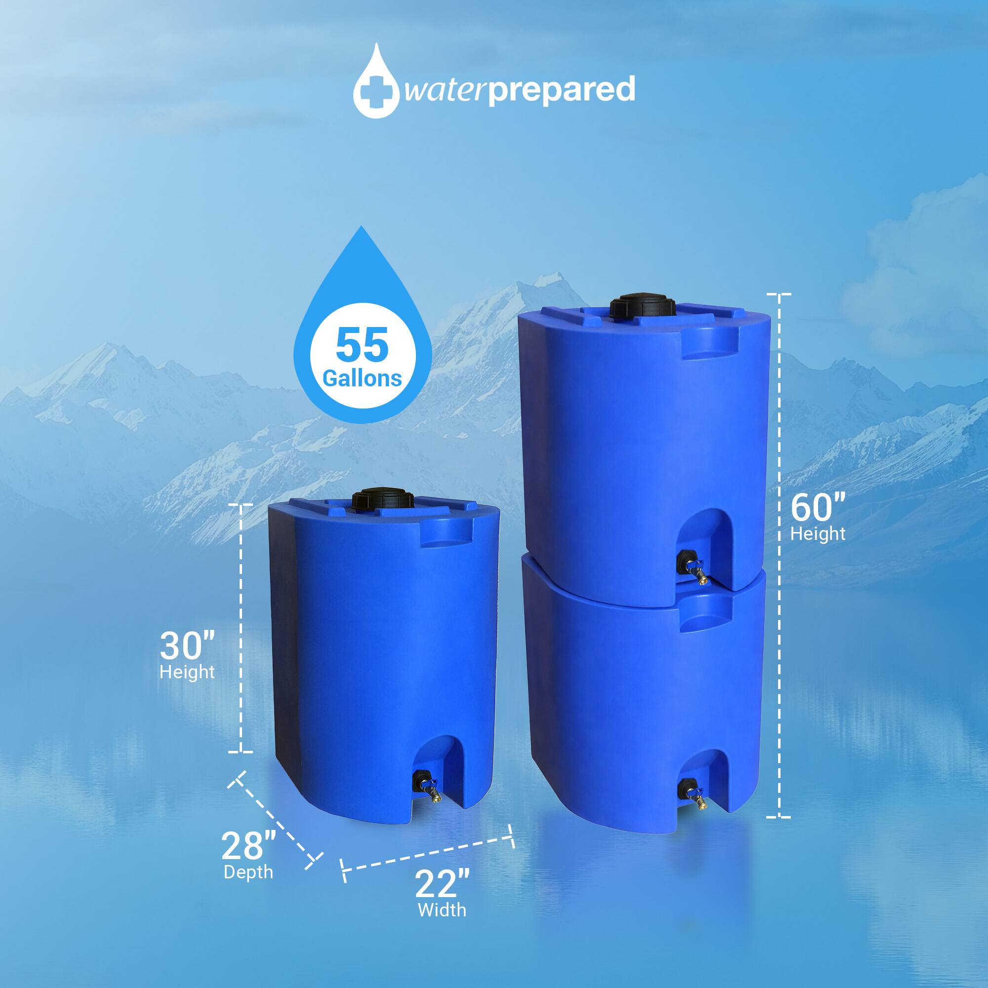 waterprepared  
55 Gallons  
60" Height  
30" Height  
28" Depth  
22" Width